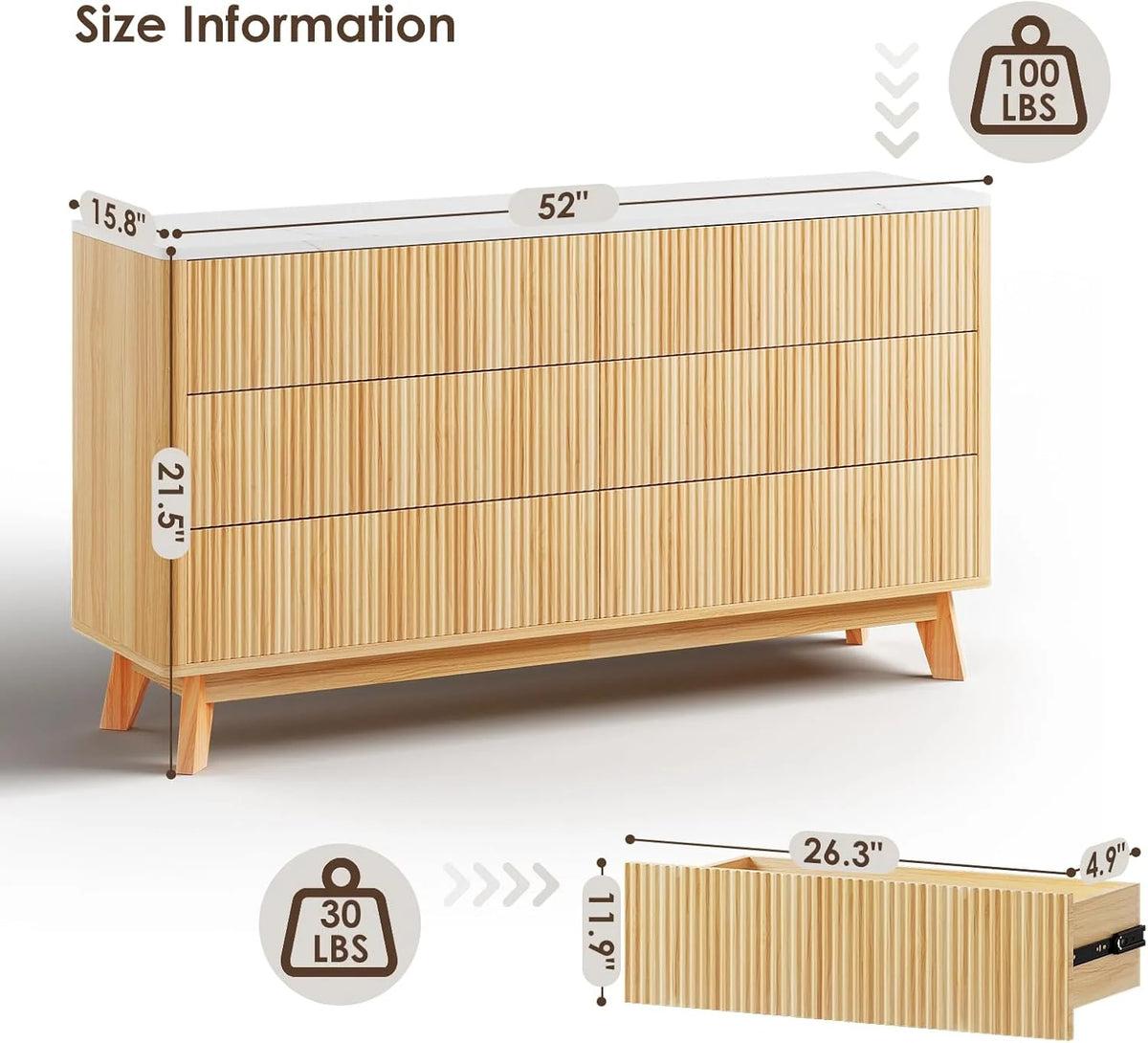 Selooye Fluted 5 Drawers Dresser, 47" Tall Modern Chest of Drawers with Faux Marble Top, Curved Profile Design, Wood Drawer Organizer for Bedroom, Living Room, Hallway, Entryway, Natural Oak
