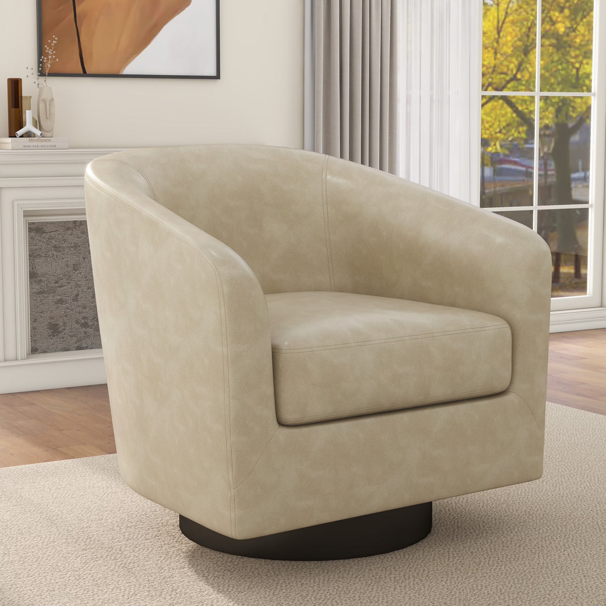 DREAMSIDEA Swivel Barrel Accent Chair for Living Room, Modern Upholstered Round Club Armchair-Cream