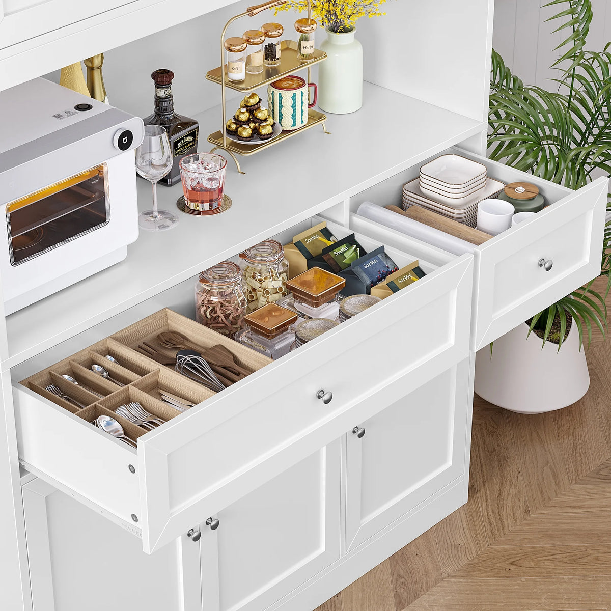 Homfa 72" Tall Kitchen Pantry with Microwave Shelf, Freestanding Kitchen Cupboard, Floor Cabinet for Dining Room, White