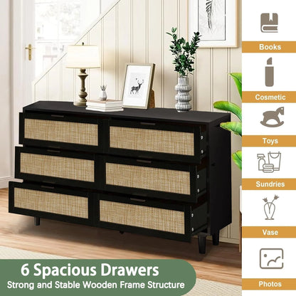 Wide 6 Drawer Rattan Dresser, Boho Dresser for Bedroom, Wooden Dresser Chest of Drawers, Natural