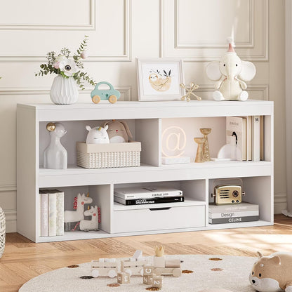 IdealHouse 5-Cube Kids Storage Organizer with Drawer, Wooden Toy Storage Cabinet for Playroom, Nursery, Classroom �C White Wood Finish