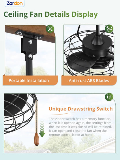 Zardon 20" Outdoor Ceiling Fan with Light and Remote, 7 Blades Caged Waterproof Gazebo Fan for Patio, Porch, Pergola Canopy, App Control