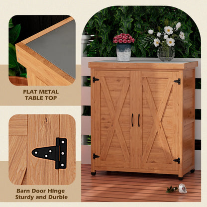 Tcbosik Outdoor Storage Cabinet & Potting Bench Table, Wooden Patio Furniture with Metal Top, Garden Workstation for Backyard, Lawn, Deck, Balcony, Gray