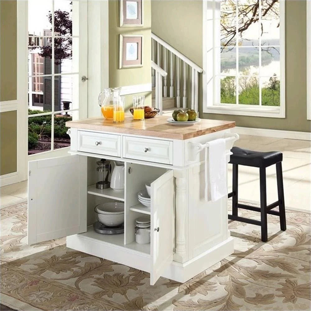 OXFORD BUTCHER BLOCK TOP KITCHEN ISLAND IN WHITE FINISH WITH 24" BLACK UPHOLSTERED SADDLE STOOLS