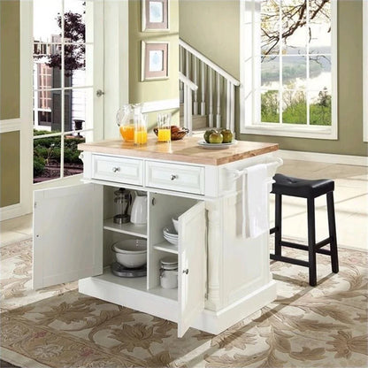 OXFORD BUTCHER BLOCK TOP KITCHEN ISLAND IN WHITE FINISH WITH 24" BLACK UPHOLSTERED SADDLE STOOLS