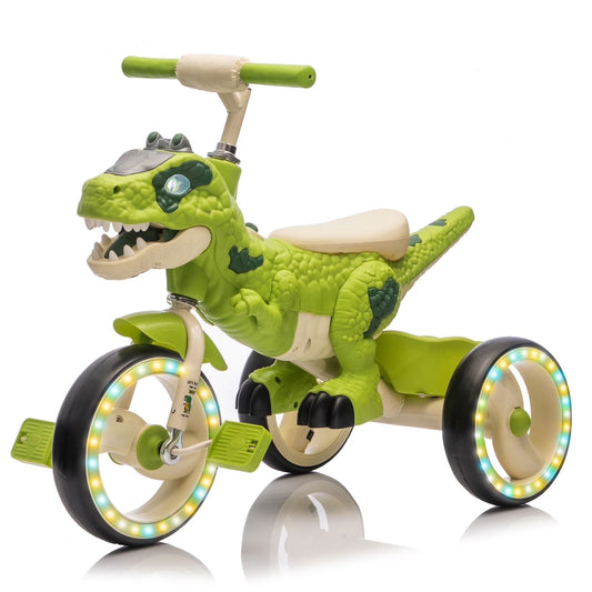 Xuanlur Kids Ride on Dinosaur Tricycle, Toddlers Kid Trike with Wide Flash Wheels, Anti-Slip Pedals, Rear Basket, Music & LED Lights, Toddler Bike Toys Gift for 3-6 Year Old Boys & Girls (Green)