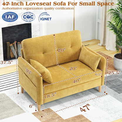 BedLuxury 47'' Wide LoveSeat, 2-seat Chenille sofa with 2 Pillows for Living Room and Small Spaces, Dark Grey