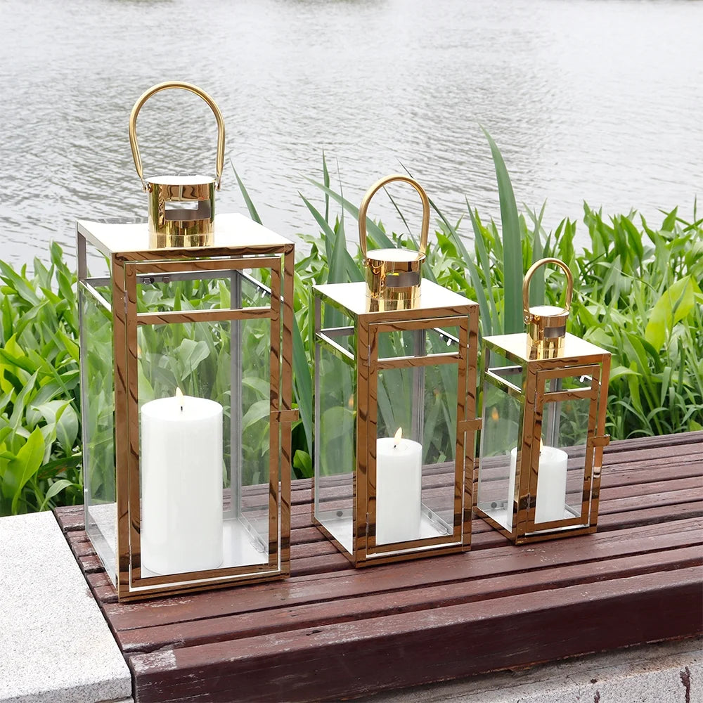 Stainless Steel Lantern Set of 3 12/15/19" Metal Lanterns with Tempered Glass for Parties & Events (Silver )