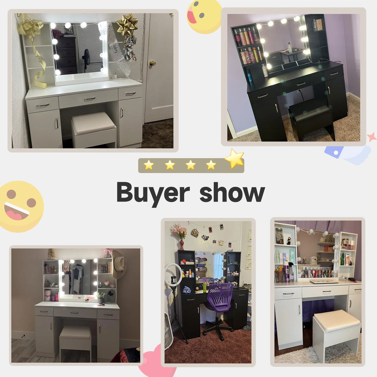 VEANERWOOD Large Makeup Vanity Set with Light Modern Makeup Vanity Table with Storage and Adjustable Lighting Colors for Bedroom 45.2in, White