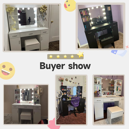 VEANERWOOD Large Makeup Vanity Set with Light Modern Makeup Vanity Table with Storage and Adjustable Lighting Colors for Bedroom 45.2in, White