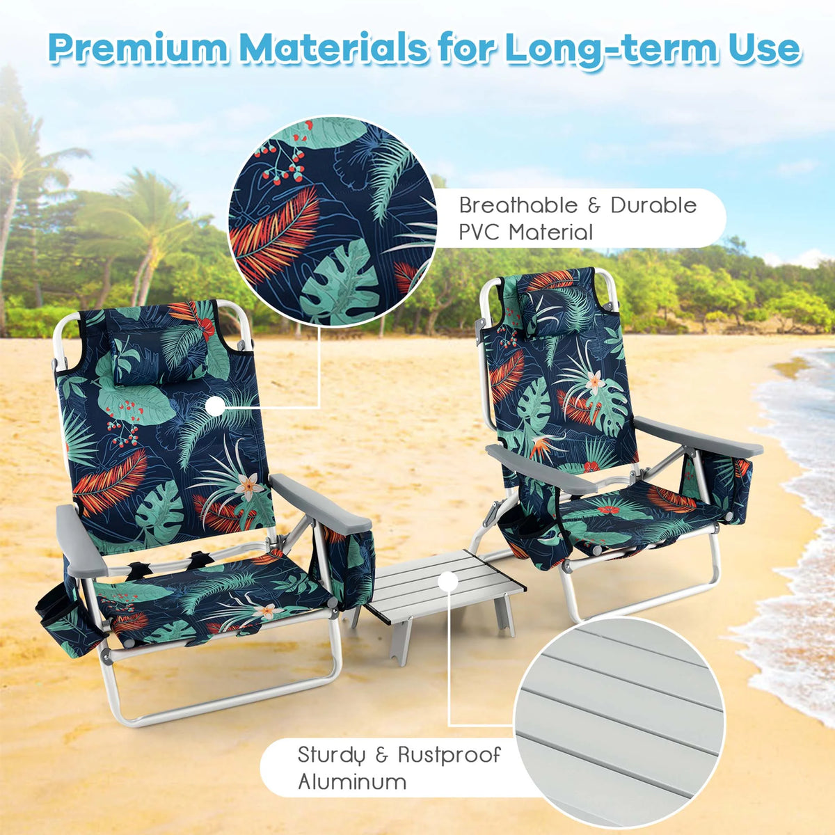 Costway 2-Pack Folding Backpack Beach Chair Table Set 5-Position Outdoor Reclining Chair Pink
