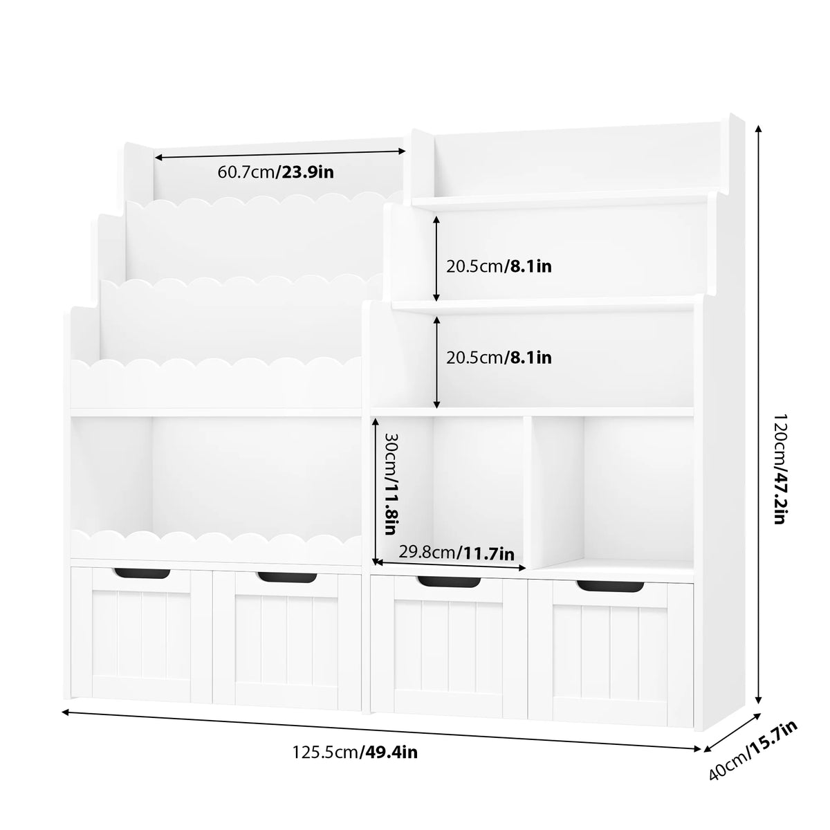 Hiphuta 47"Wide Large Kids Bookcase, Wood Bookshelf Toy Storage Organizer with Book Rack & Movable Boxes, White Bookshelf for Kids Room