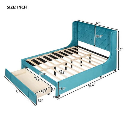 Queen Bed Frame with Storage Drawer, Velvet Upholstered Storage Bed, Wood Platform Bed Frame with Wingback Headboard and a Big Drawer(Beige)
