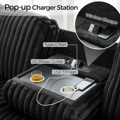 Power Reclining Sectional Sofa with Wireless Charger,6-Seater Faux Fur Sectional with Recliners,Hidden Cup Holders,Storage Console,USB & Type-C Ports,Black