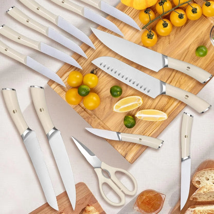 Ivory Knife Block Set (15-PCS) �C High Carbon Stainless Steel, Built-in Sharpener, Forged Chef Blades