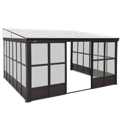 TOTAL Outdoor 10'x12' All-Season Sunroom Gazebo with Steel Roof, PVC Screen, Front & Side Door, Brown