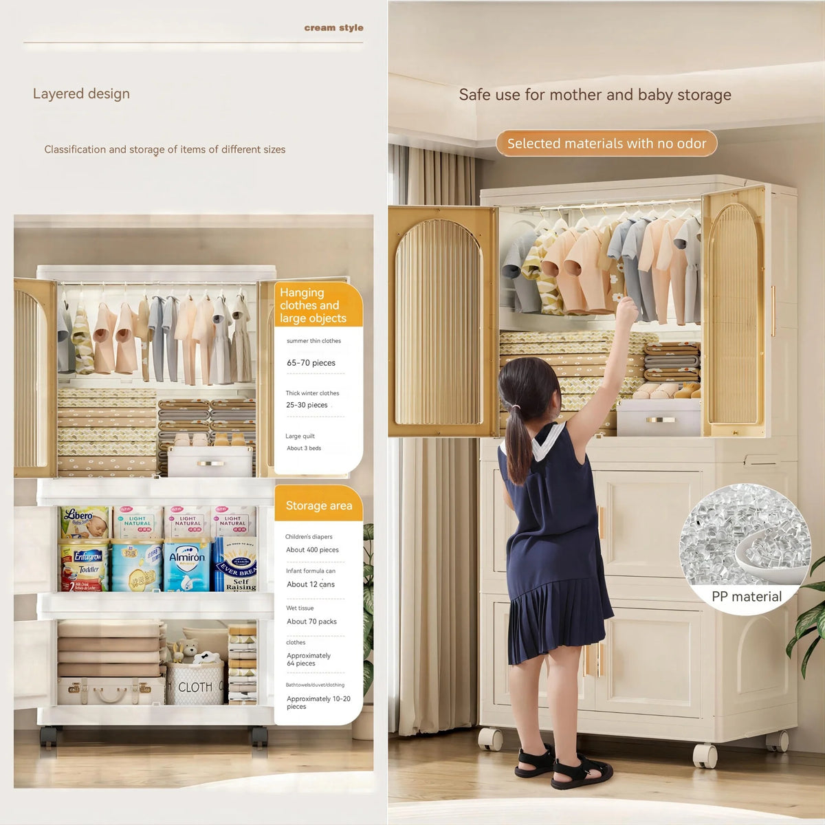 PORKISS Portable Wardrobe Closet, Folding Bedroom Armoire with Wheels, Plastic Storage Basket Can be Freely Combined (1 Layer of Wardrobe + 2 Layers of Folding Boxes+10 Hangers), Cream White-57.09"H