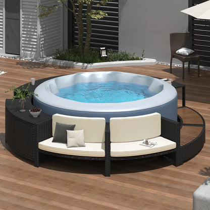 Round Hot Tub Surround Furniture, Spa Surround Outdoor Rattan Sectional Sofa Set with Mini Sofa, Solid Acacia Wood Hot Tub Storage Surround Patio Furniture Set, Gray Cushion