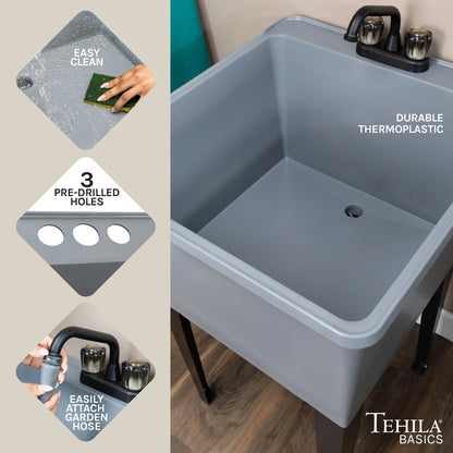 Tehila Freestanding Black Utility Sink with Black Faucet for Laundry Room