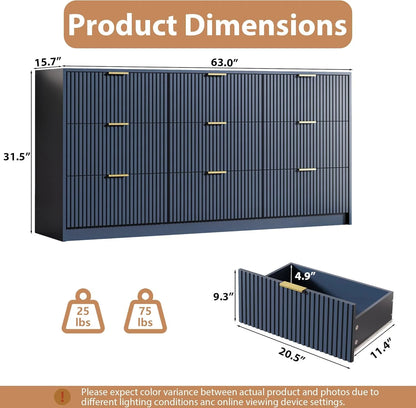 Furniway Fluted Large 9-Drawer Black Dresser