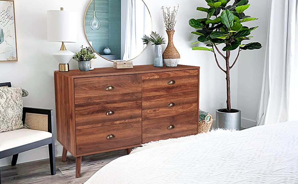 Polar Aurora Wood Dresser for Bedroom with 6 Drawers, Mid Century Modern Chests of Drawer with Metal Handles