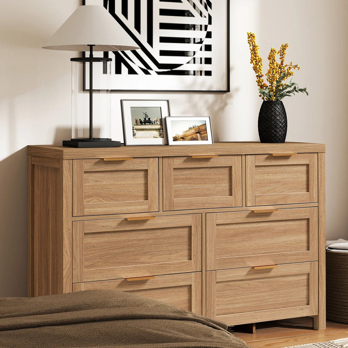 ARKANTOS Wooden 6 Drawer Double Dressers, Wide Chests of Drawers for Bedroom, Natural Oak