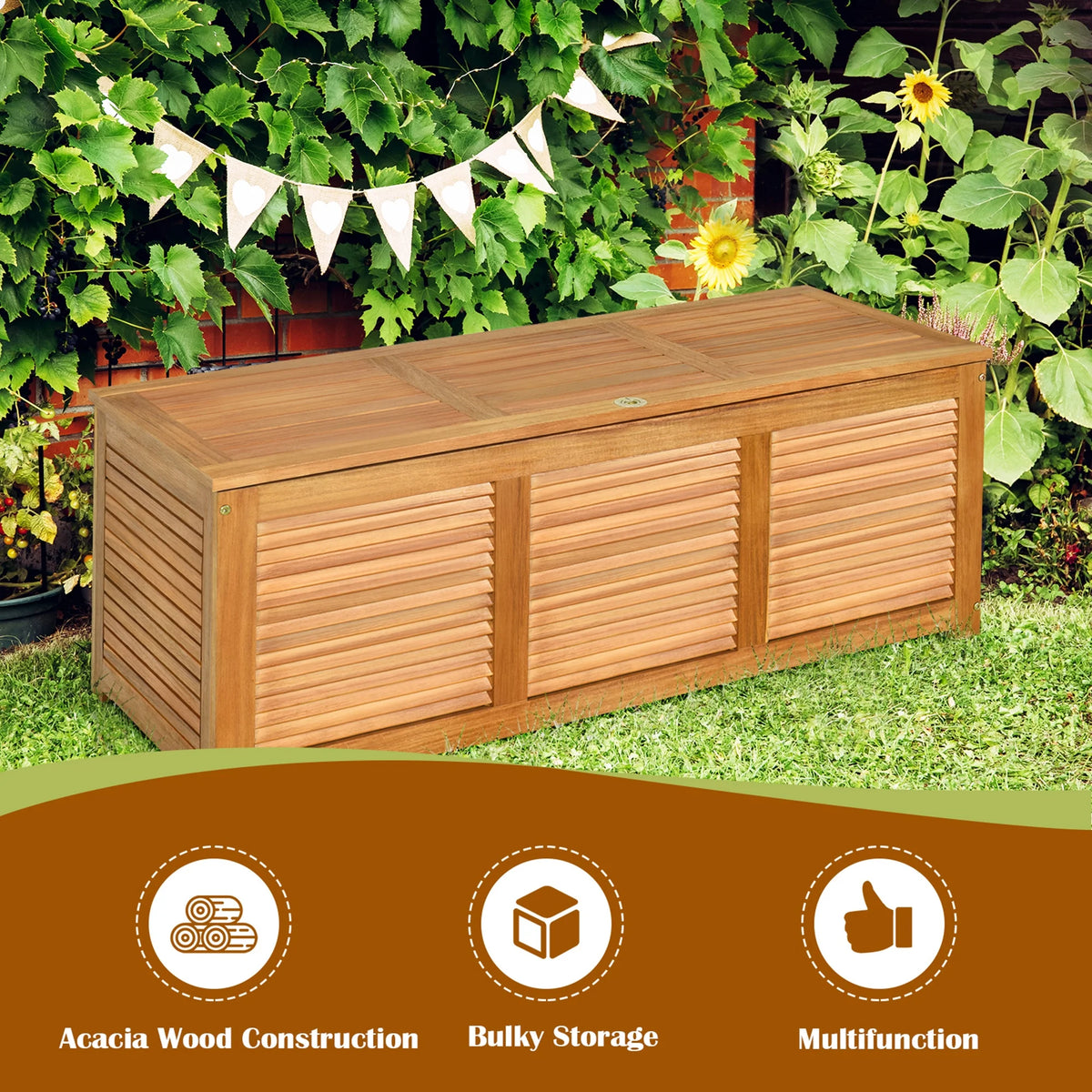 Gymax Acacia Wood Deck Box 46 Gallon Garden Backyard Storage Bench Container