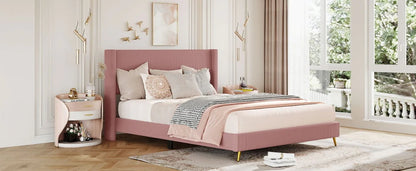 Queen Size Corduroy Platform Bed with Wingback Headboard,Wood Corduroy Platform Bed with Metal Legs and Slats Support,Upholstered Bed Frame for Kids Adult Bedroom,No Box Spring Needed,Pink