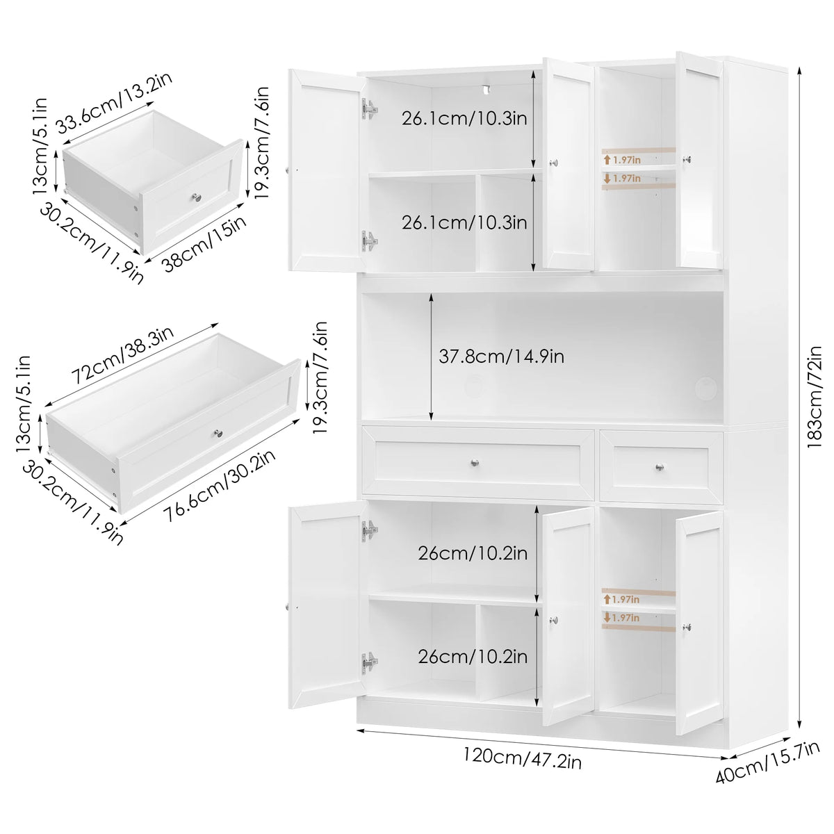 Homfa 72" Tall Kitchen Pantry with Microwave Shelf, Freestanding Kitchen Cupboard, Floor Cabinet for Dining Room, White