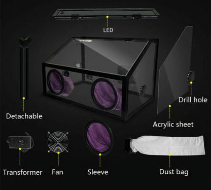 220V Electric 2 Holes Enclosed Grinding Table Polisher Acrylic Dust Box Cover , 3mm LED Light with Fan