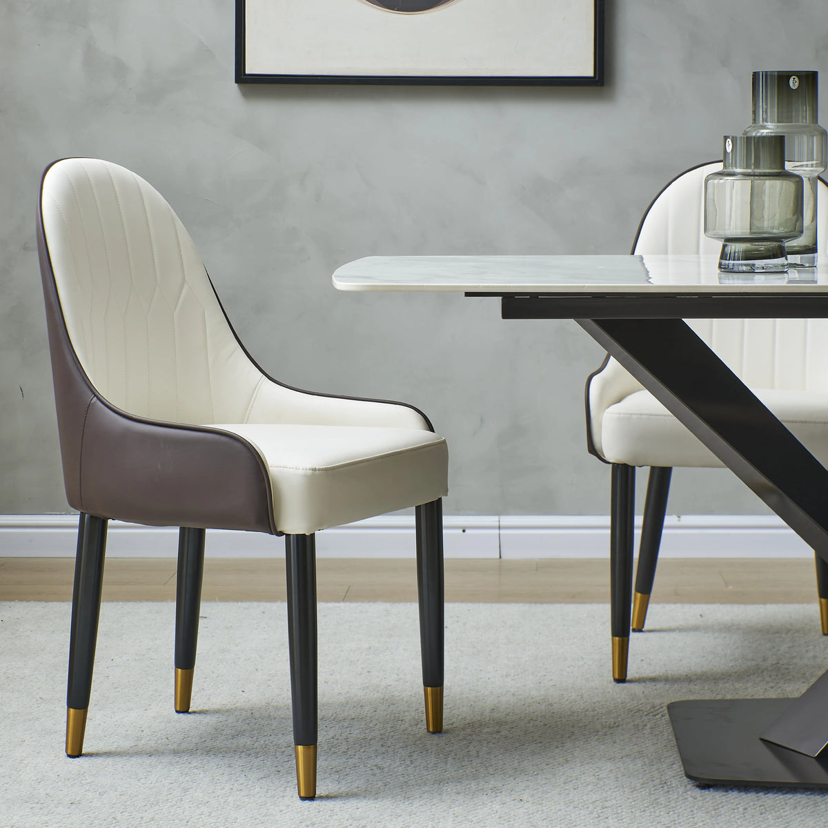 Leavader 63" White Stone Dining Table Set with Black Carbon Steel Base with 6 Dining Chairs