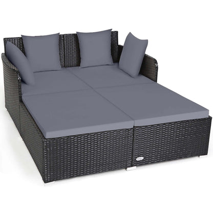 Costway Outdoor Patio Rattan Daybed Pillows Cushioned Sofa Furniture Beige