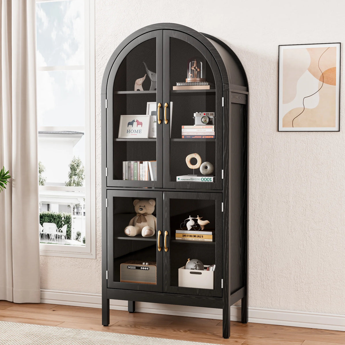Tall Arched Storage Display Cabinet 5-Shelf with Acrylic Glass Doors, Kitchen Pantry Storage Cabinet Accent Cabinet Bookcase for Living Dining Room