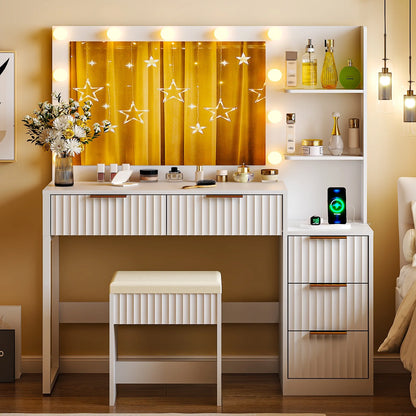 Ktaxon Flutted Makeup Vanity Table Set with 5 Drawer, Dressing Table w/Charging Station, Vanity Desk for Femal Gift, White