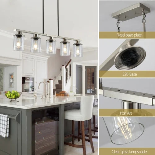 ACE-LIGHTS,Modern Industrial 5-Light Chandelier with Clear Glass Shades(Bulbs Not Included),Hanging Ceiling Light Fixture for Living Room,Dining Room,Kitchen Island(Black)