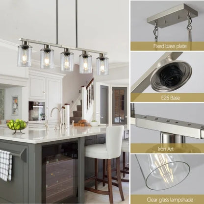 ACE-LIGHTS,Modern Industrial 5-Light Chandelier with Clear Glass Shades(Bulbs Not Included),Hanging Ceiling Light Fixture for Living Room,Dining Room,Kitchen Island(Black)