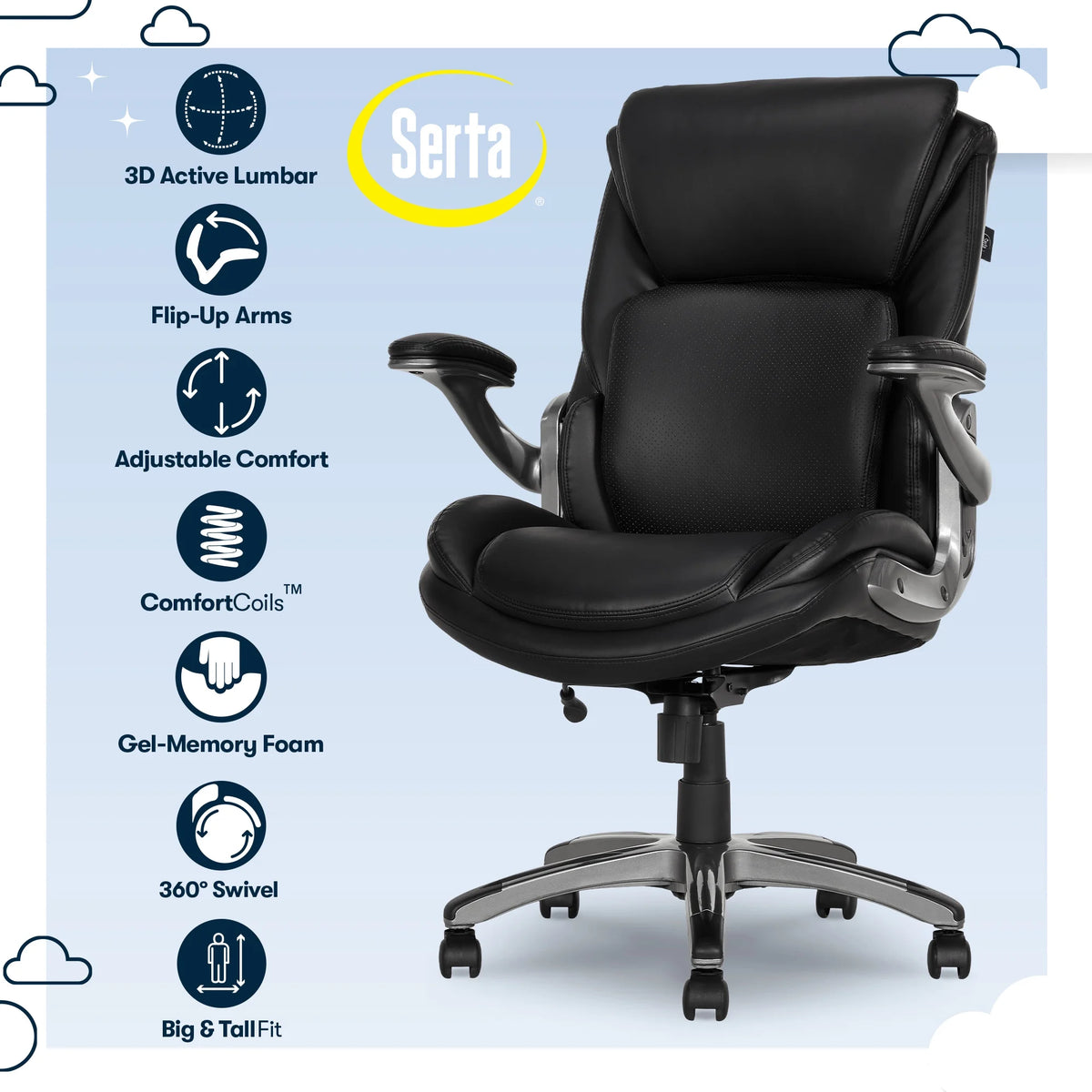 Serta Lumbar Support and Swivel Manager Desk Chair, Black