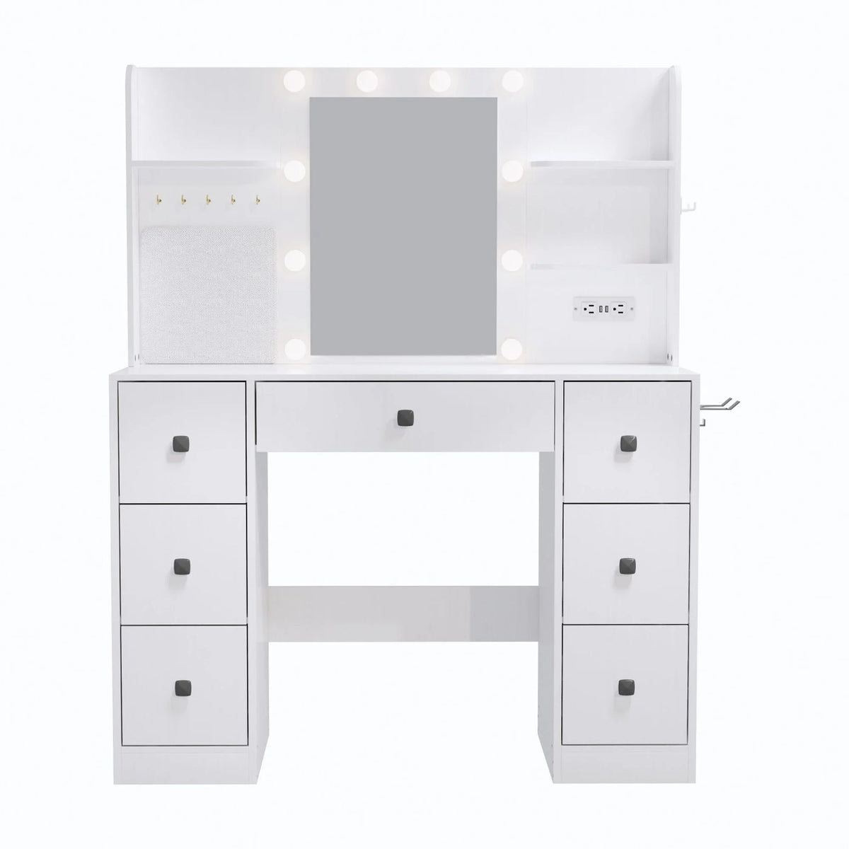 Cottinch Vanity Desk 3 Color Lighted Mirror,Makeup Dressing Table with 4 Drawers and Storage Shelves,2 Outlets,2 USB Ports,White