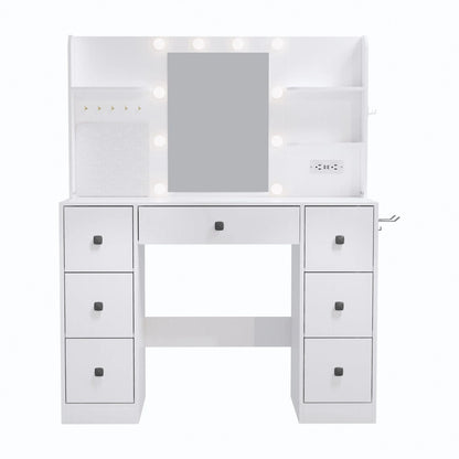 Cottinch Vanity Desk 3 Color Lighted Mirror,Makeup Dressing Table with 4 Drawers and Storage Shelves,2 Outlets,2 USB Ports,White