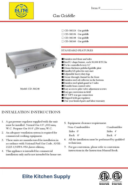 NSF 36 in. Commercial Griddle 90,000BTU Gas Griddle, 3 Burner Heavy-Duty Stainless Steel Countertop Griddle