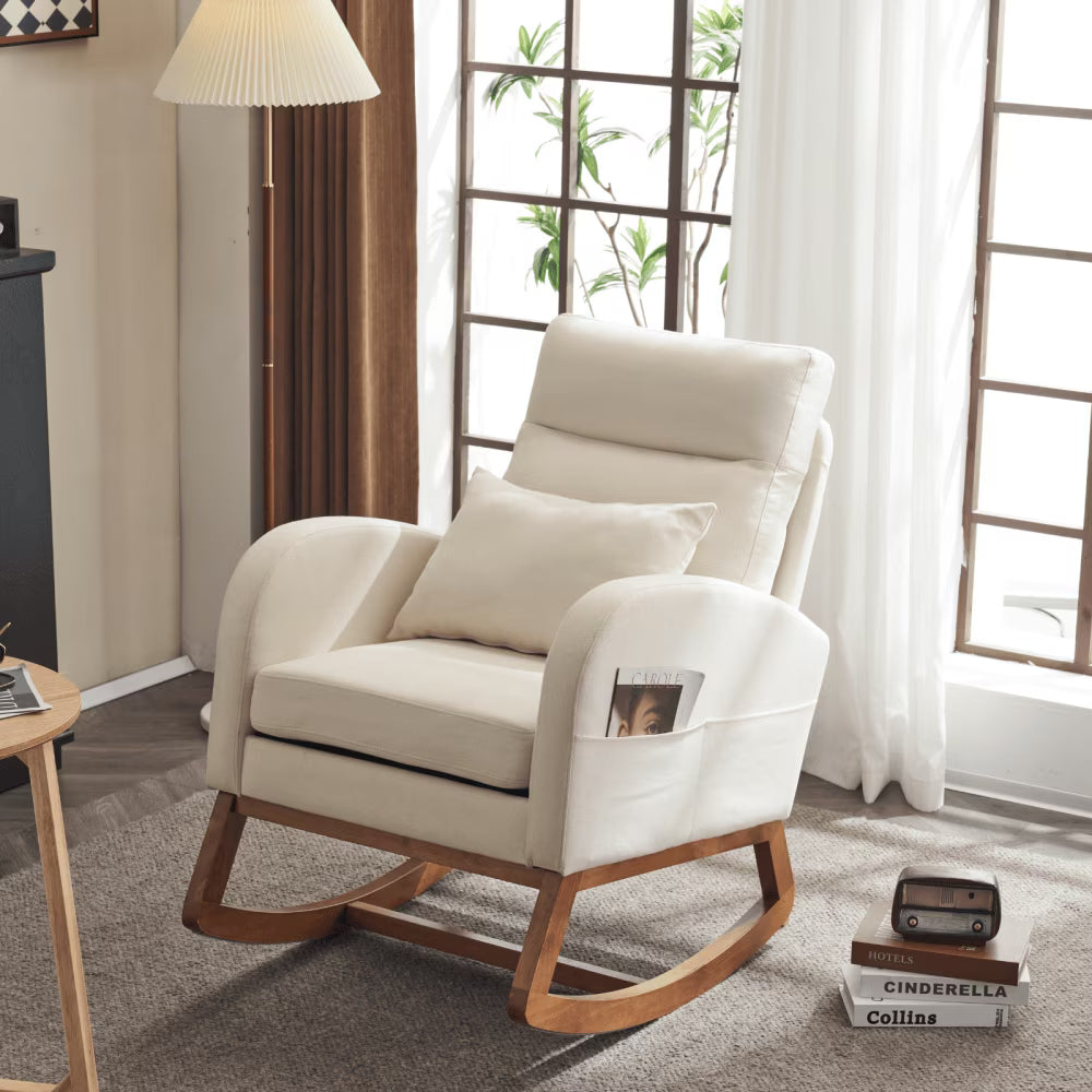 Hassch Upholstered Rocking Chair, Linen Fabric Glider Rocker with High Back, Accent Chair with Solid Wood Base, Reading Chair with Side Pocket for Living Room Bedroom Balcony, Gray