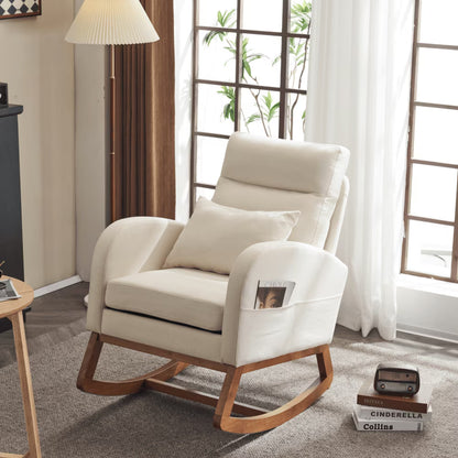 Hassch Upholstered Rocking Chair, Linen Fabric Glider Rocker with High Back, Accent Chair with Solid Wood Base, Reading Chair with Side Pocket for Living Room Bedroom Balcony, Gray