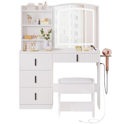 Dextrus Vanity Table Set with LED Lighted Mirror & Stool, Dressing Table with Sliding Mirror & Charging Station , Makeup Table with Storage Shelves & Drawers, White Vanity Desk for Bedroom, White