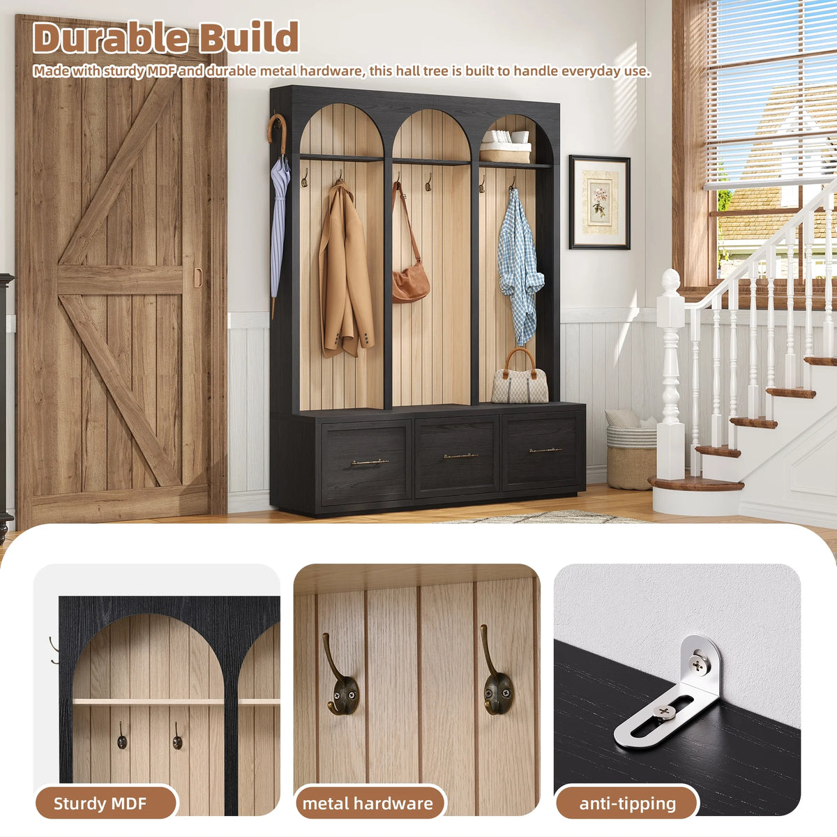Euroco Farmhouse Wooden Style Hall Tree with Arched Design, Elegant 59" Wide Entryway Bench with 8 Retro Hooks, Rustic Coat Rack & Shoe Organizer with 3 Drawers for Mudroom, Living Room, Dark Walnut