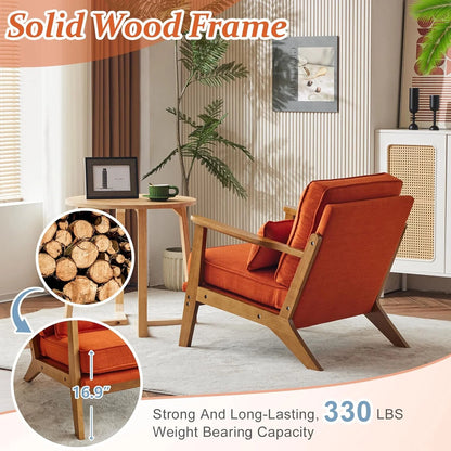 RWTFGV Solid Wood Wide Armrests Accent Chair,Upholstered Mid Century Modern Chair with Pillow,Comfy Reading Chair Farmhouse Arm Chair,Chairs Living Room,Bedroom,Guest Room,Linen Fabric,Beige