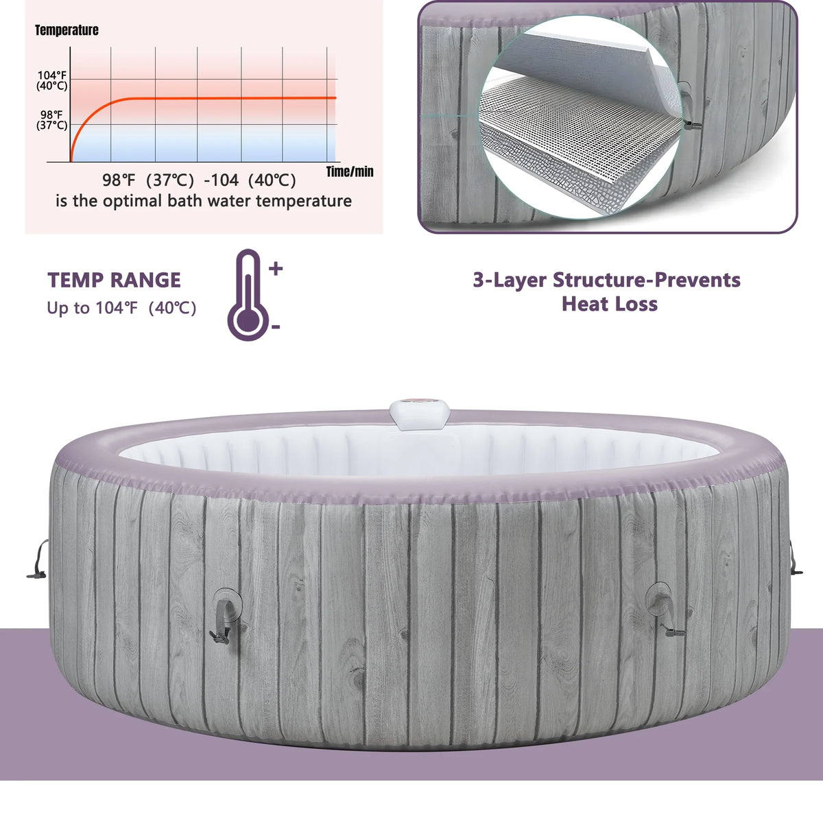 Portable Inflatable Hot Tub with Built-in Heating System - 264 Gallon Capacity, Massage Jet Home Hot Tub with Dust Cover for Teens and Adults, Wood Grain