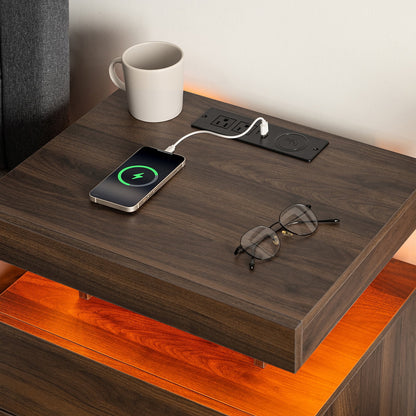 Hommpa LED Nightstand with Wireless Charging Station Modern Nightstand Type C USB Port 2 Drawers Bedside Table Black Smart Night Table High Gloss End Side Table for Bedroom Furniture 22.3" Tall
