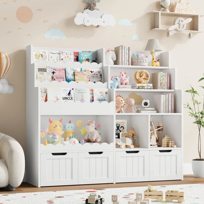 Hiphuta 47"Wide Large Kids Bookcase, Wood Bookshelf Toy Storage Organizer with Book Rack & Movable Boxes, White Bookshelf for Kids Room
