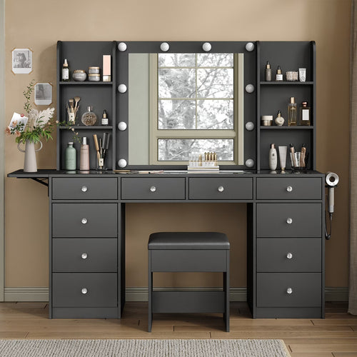 Yanosaku Vanity With Power Outlet, Vanity Desk With Mirror And 10 LED Lights, 10 Drawers Makeup Vanity With 6 Shelves, Fold-Up Panel, Vanity Table With Chair For Bedroom