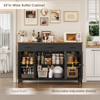 Hiphuta 55"Wide Buffet Cabinet with 2 Adjustable Shelves, Modern Farmhouse Coffee Bar with 3 Drawers and Sturdy Base for Living Room, White